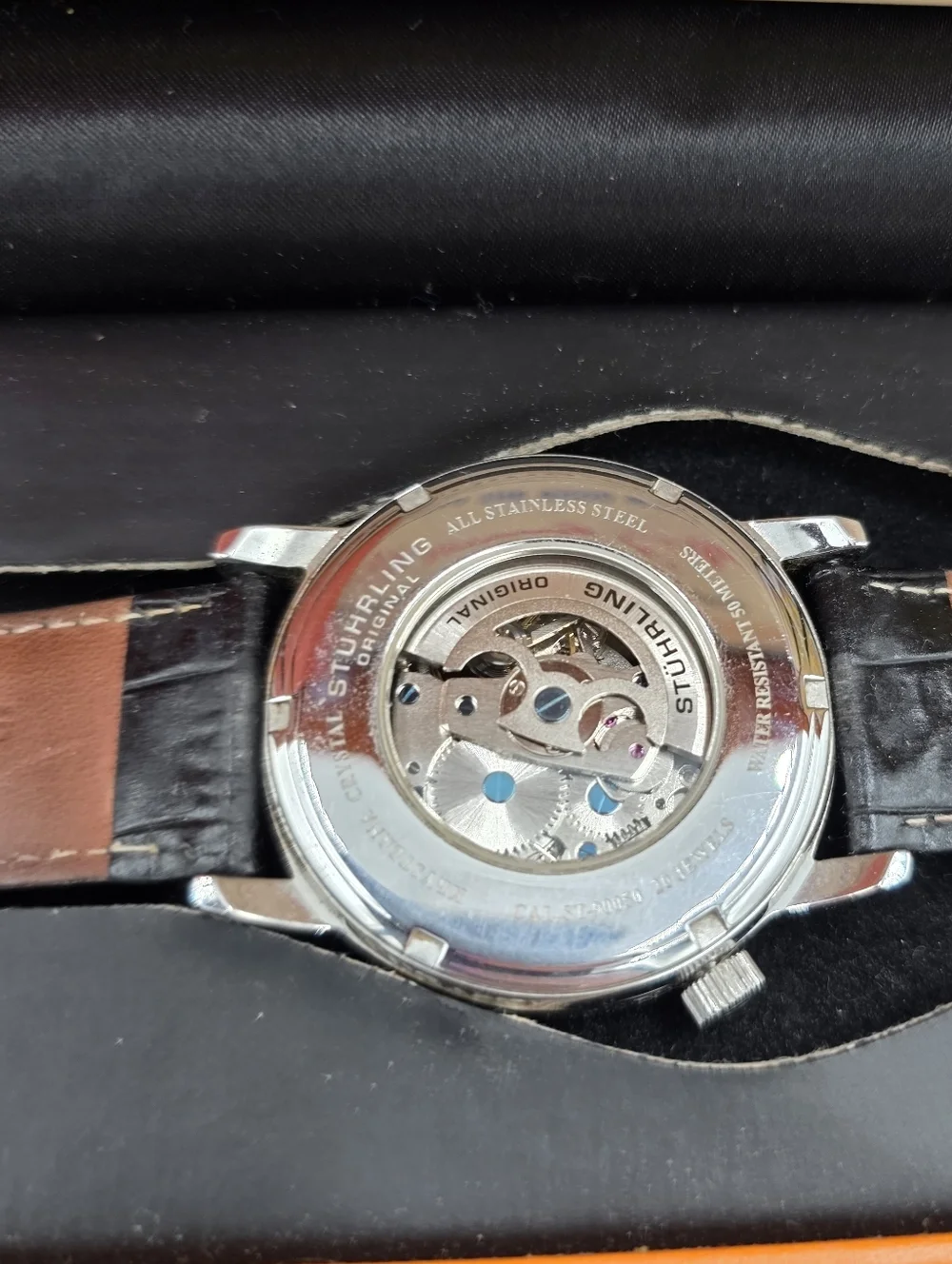 Stuhrling Original Mens Skeleton Automatic Watch ST-90050‎ Silver Black Leather